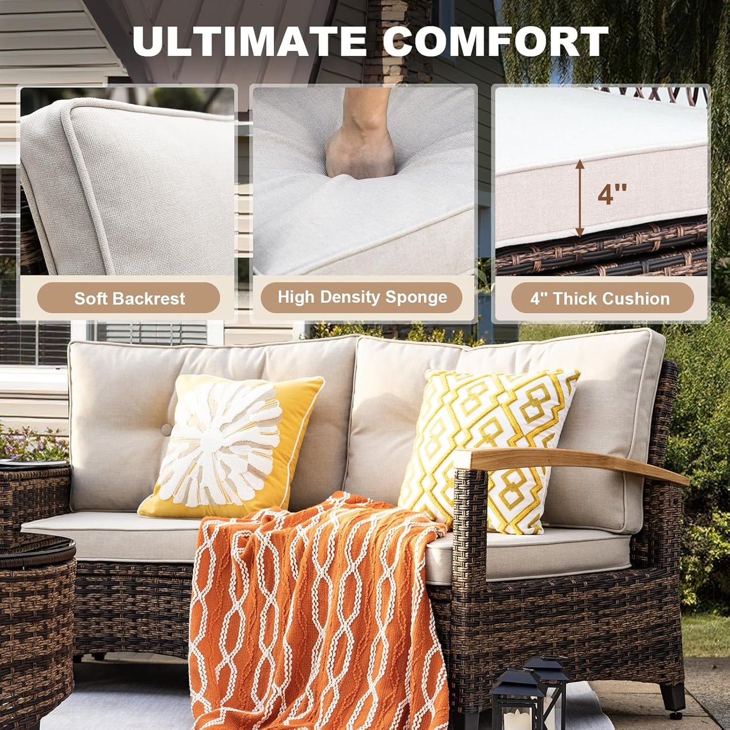 11 Piece Outdoor Patio Furniture Set, Half-Moon Curved Sectional Sofa Rattan Conversation Set with Wood Armrests, Coffee Table & 2 Side Table（Brown）