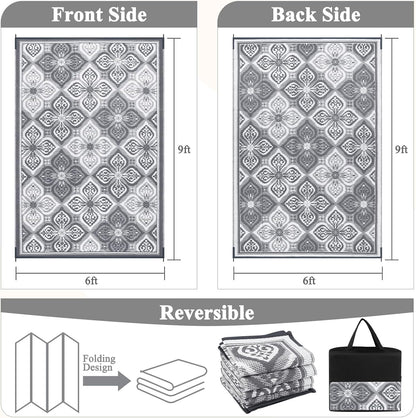 Pauwer Reversible Outdoor Rug, 6'x9', Waterproof, Polypropylene, Clover Grey, Area Rug for Patio, RV, Camping, Picnic, Backyard, Deck, Balcony, Porch