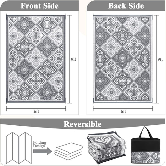 Pauwer Reversible Outdoor Rug, 6'x9', Waterproof, Polypropylene, Clover Grey, Area Rug for Patio, RV, Camping, Picnic, Backyard, Deck, Balcony, Porch