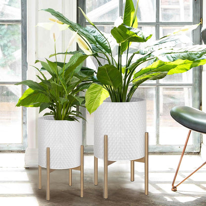 Oakrain Mid Century Planters for Indoor Plants, Set of 2, Modern Decorative Metal Planters for Living Room, Office, Garden or Balcony, White Planters with Stands, 10 inch & 12 inch