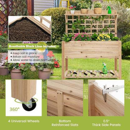 S AFSTAR Raised Garden Bed with Trellis, 41.5x16x54in Mobile Elevated Planter Box with Wheels, Bed Liner, Top/Bottom Storage Shelves, Freestanding Wood Planter Stand for Garden Patio Balcony