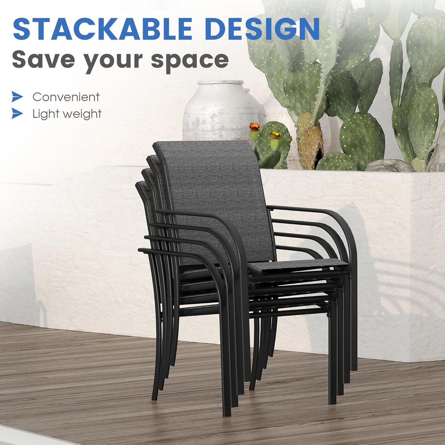 VICLLAX 5 Pieces Patio Dining Set, Outdoor Furniture Set Includes 1 Square Outdoor Table and 4 Stackable Patio Sling Chairs, Grey Wood Grain Tabletop and Grey Fabric