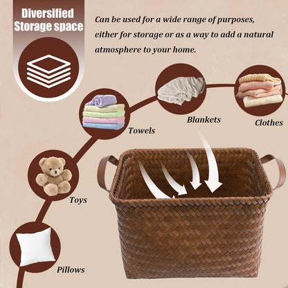 BROWNLILY Handwoven Clothes Basket Laundry Hampers Large Wicker Storage Baskets for Shelves Blankets Closet Storage Bins Car Bedroom Bathroom Organizers and Storage Bath (8, Brown)