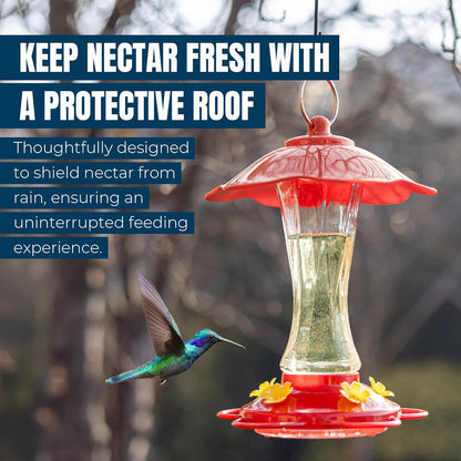 MEKKAPRO Hummingbird Feeders for Outdoors Glass - Red Hummingbird Feeders for Outdoors, Metal Ring, Bee-Proof Design, Easy Assembly, Red Hummingbird Feeder 10 oz