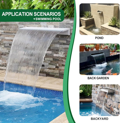Waterfall Pool Fountain, LONGRUNNEW Stainless Steel Waterfall Spillway with Pipe Connector Kits for Outdoor/Indoor Decorative, 35.4 Inches Pool Water Feature for Garden Patio, Backyard Koi Pond Decor