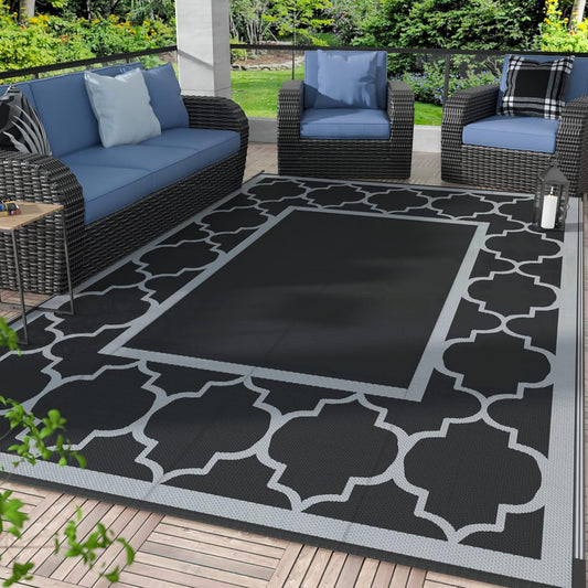 GENIMO 8' x 10' Outdoor Rug Patio Waterproof, Reversible Plastic Straw Area Rugs Mat for Camper Decor, Outside Carpet for Camping, Rv, Deck, Porch, Picnic, Beach, Balcony, Black & Grey