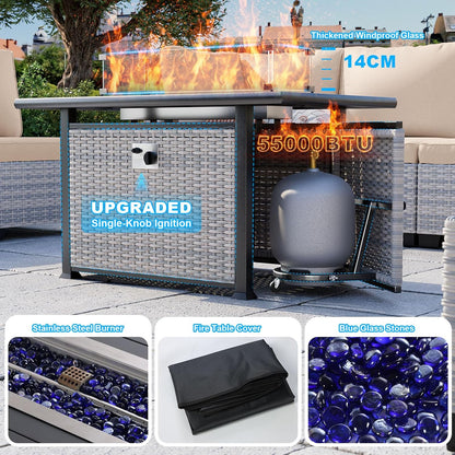 8-Piece Modern Patio Conversation Set with 55,000 BTU Fire Pit Table, Thick Cushions, Dual-Strand Wicker Rattan, Rust-Resistant Frame, Khaki