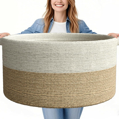 125L Extra Large Blanket Basket, 25" x 16", Jumbo Laundry Woven Baskets Decorative Home, Cotton Rope Basket with Handles, Baby Toy Baskets for Storage, White & Brown,2PC