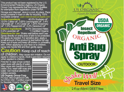 US Organic Mosquito Repellent Anti Bug Outdoor Pump Sprays, USDA Certification, Cruelty Free, Proven Results by Lab Testing, Deet-Free (2 oz Travel Size)