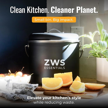 Black Stainless Steel Compost Bin | 6.5L Odor-Free Kitchen Countertop Food Scrap Pail with Charcoal Filter | Compact Zero Waste Solution for Home and Apartment Kitchens