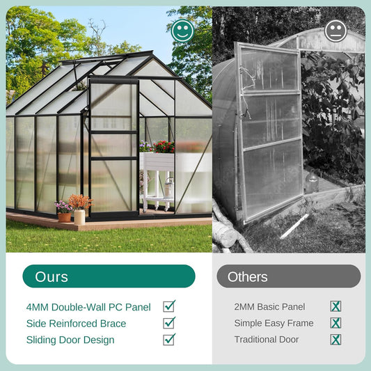 YITAHOME Polycarbonate 6x8FT Greenhouse Heavy Duty Green Houses Outdoor Greenhouses Aluminum Sliding Doors Vent Window Premium Large Sun House for Garden Backyard, Black