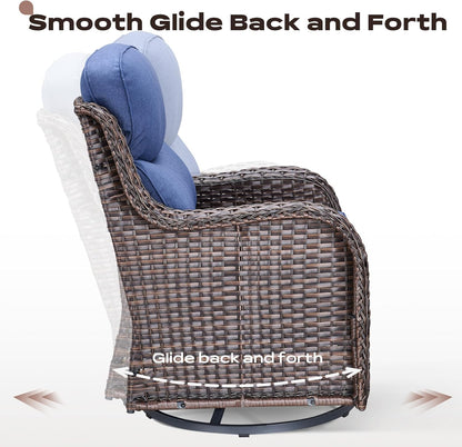 Wicker Outdoor Patio Furniture Set - 6 Piece Patio Conversation Sets with Swivel Rocker Chairs, Ottomans, Sofa and Coffee Table, 6 inch Cushions, Deep Seating, for Porch Deck Brown/Blue