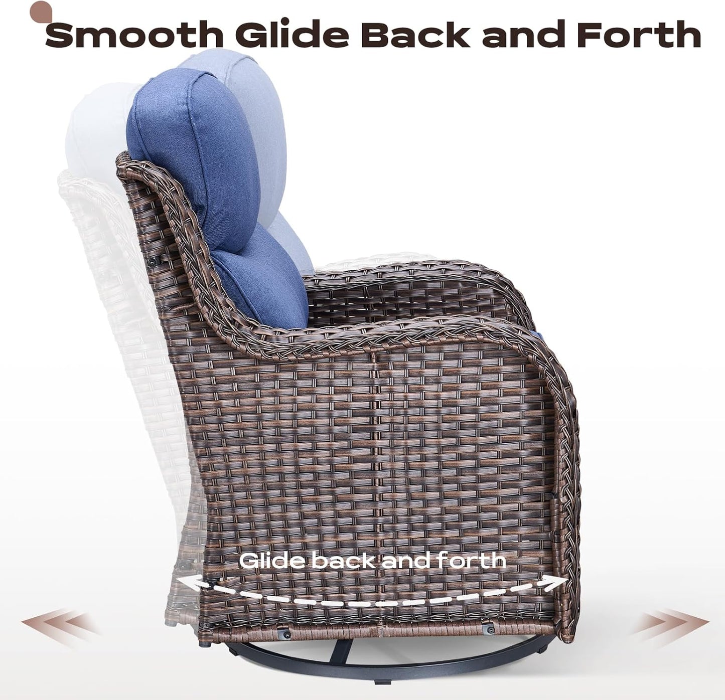 Outdoor Patio Swivel Rocker Chairs Set of 2, Waterproof Wicker, High Back, Deep Seating, Wide Armrest, Upgraded 6 inch Thick Cushions, Ideal for Deck Porch Backyard, Brown/Blue