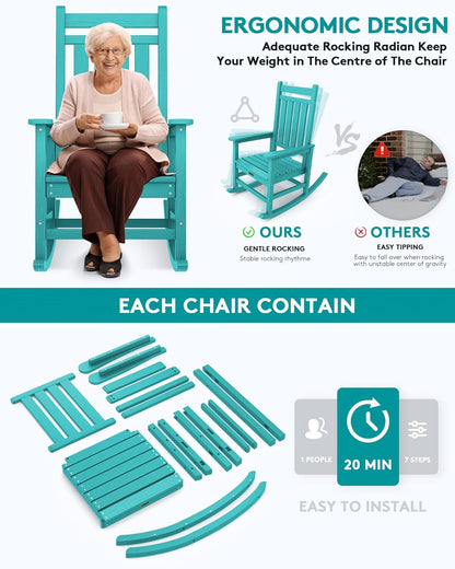 SERWALL Outdoor Rocking Chair Set of 2, HDPE Rocking Chairs for Adult, All Weather Porch Rockers for Lawn Garden, Aruba
