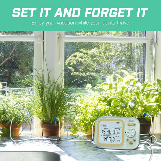 Automatic Plant Waterer Self Watering System Indoor for 15 Potted Plants Pack of 2, Auto Drip Irrigation Kit Programmable Water Timer w Smart Humidity Detection, Green