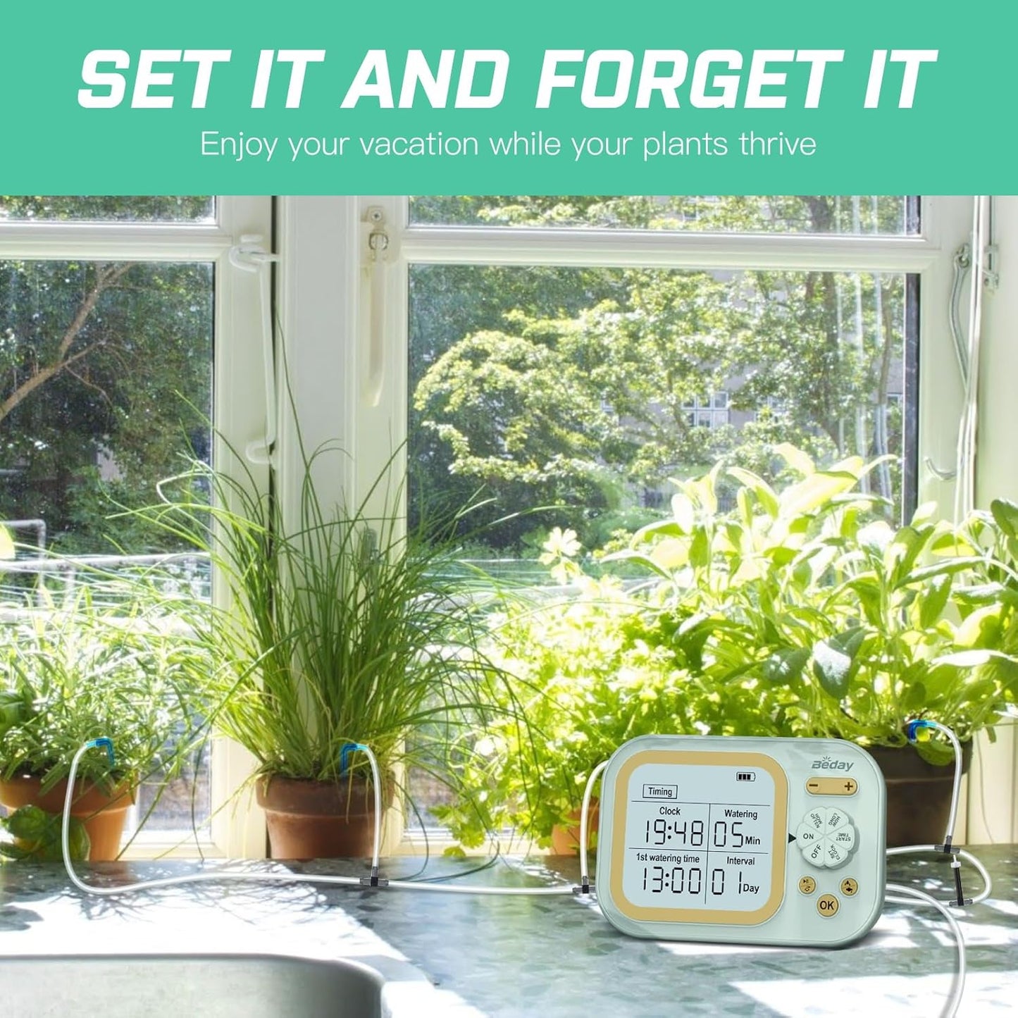 Automatic Plant Waterer Indoor Self Watering System for 15 Potted Plants, Auto Drip Irrigation Kit Programmable Water Timer with Smart Humidity Detection, Green