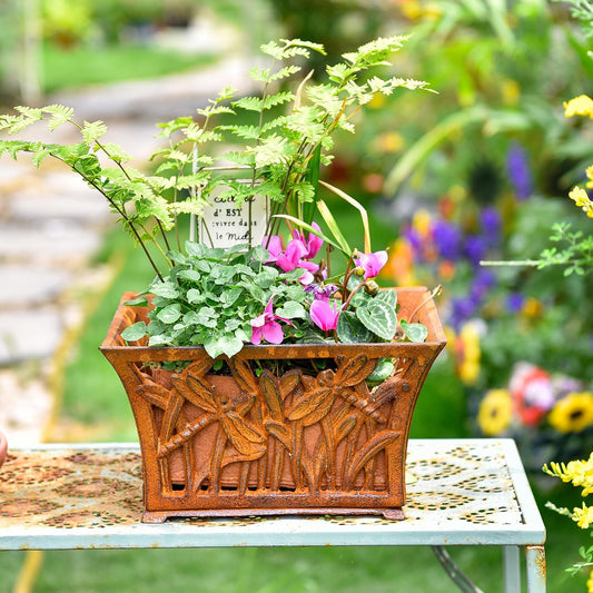 Sungmor Heavy Duty Cast Iron Planter Basket w/Non-Woven Growing Bag, Unique Shape & Beautiful Pattern Design, Hollow Orchid Flower Pot Garden Tools Holder, Full Rusted French Country Decor Container