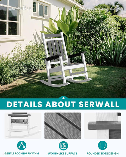 SERWALL Outdoor Rocking Chair Set of 2, HDPE Rocking Chairs for Adult, All Weather Porch Rockers for Lawn Garden, Gray & White