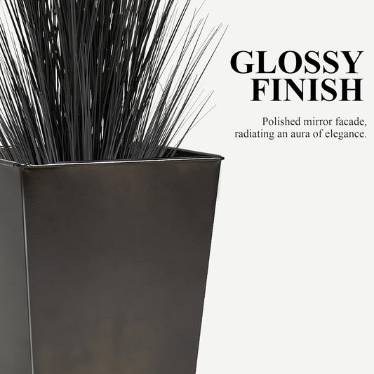 Worth Garden Large Metal Glazed Floor Planter Set of 2-14" Dia x 18" H - Luxurious Glossy Finish Black Tall Square Tapered Steel Plant Pots, Decor Flower Pot Indoor & Outdoor, Drainage Hole