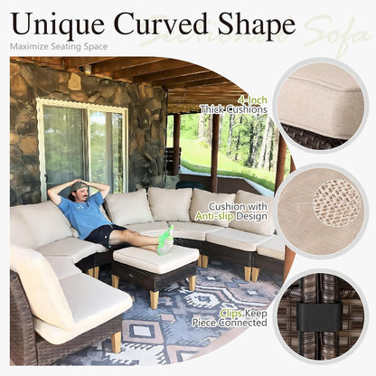 Sophia & William Oversized Half-Moon Outdoor Patio Furniture Set, 12 Piece Curved Outdoor Sectional Sofa Rattan Patio Conversation Set with 4 x Curved Sofa, 2X Armless Chairs, 2 x Ottoman, Beige