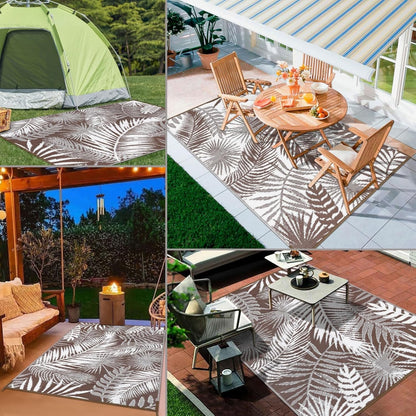 Outdoor Rug Waterproof for Patios Clearance, Reversible Outdoor Plastic Straw Rug Camping Carpet, Outside Floor Mats Large Area Rugs for RV,Patio,Deck,Porch,Beach,Balcony，10'x8',Brown&White