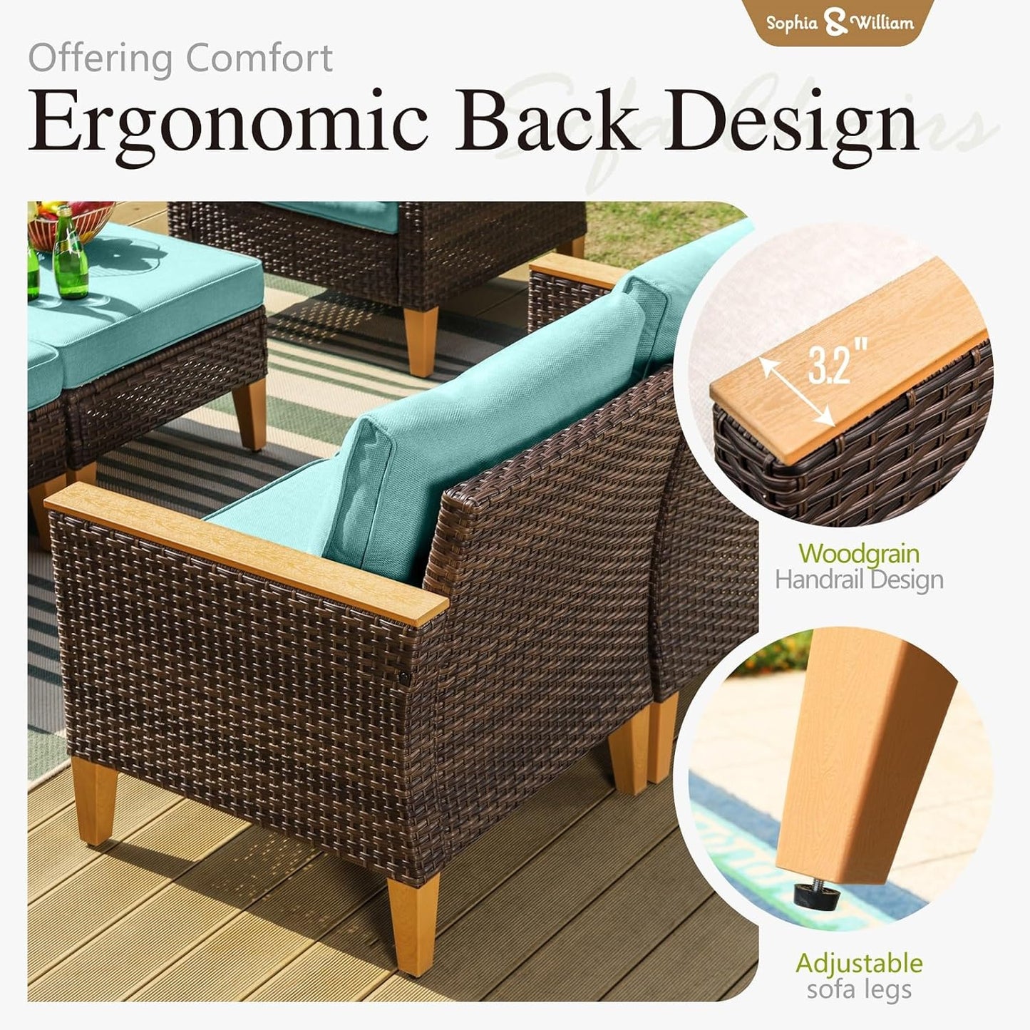 Sophia & William Outdoor Wicker Sectional Sofa Set, 9 Piece Half Moon Curved Patio Furniture Modern Round Outdoor Couch Conversation Set with Ottoman for Backyard, Pool, Garden(Aqua Blue)