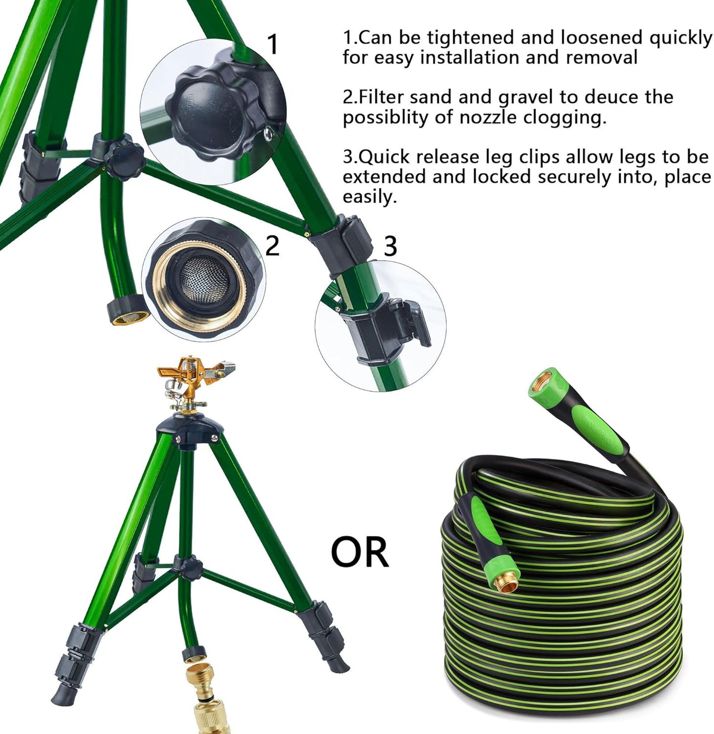 Impact Sprinkler on Tripod Base, Heavy Duty Adjustable Zinc Sprinkler Head for Lawn Yard Garden, 360 Degree Large Area Irrigation, 3/4" Connector Extension Legs Flip Locks