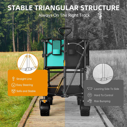 Foldable 50''L Extra Long Double Decker Wagon for Sport, 400L Collapsible Heavy Duty Wagon Cart with Big Wheels, Utility All-Terrain Large Extender Cart for Outdoors, Light Blue