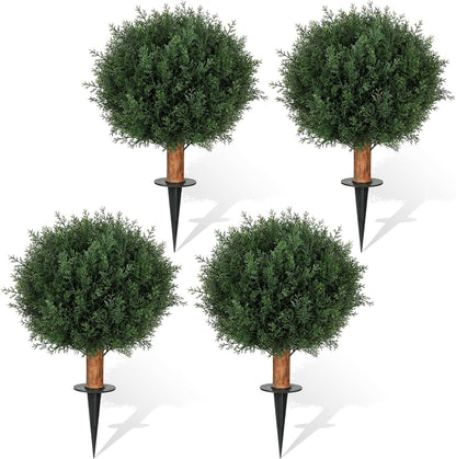 Artificial Cedar Topiary Ball Trees with Ground Spike, 24.6 inche Tall UV-Resistant Fake Outdoor Plants Evergreen Shrubs, Realistic Faux Pine Bushes for Front Porch Home Patio Garden, Set of 4