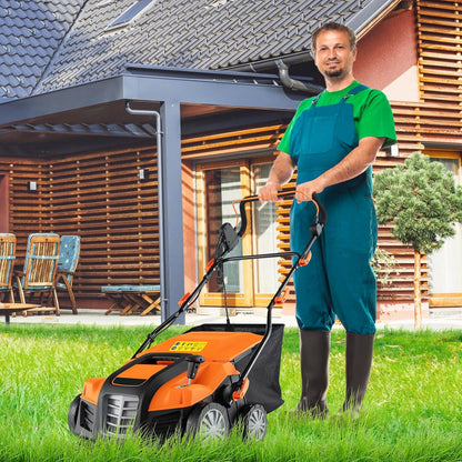 Goplus 2-in-1 Scarifier and Lawn Dethatcher, 16-Inch 15A Corded Electric Dethatcher w/ 14.5-Gal Collection Bag, 3-Position Height Adjustment & 5-Position Depth Adjustment, for Grass Garden Yard