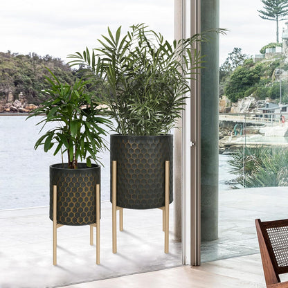 Oakrain Mid Century Planters for Indoor Plants, Set of 2, Modern Decorative Metal Pots for Living Room, Office, Garden or Balcony, Black&Golden Honeycomb, 10inch&12inch