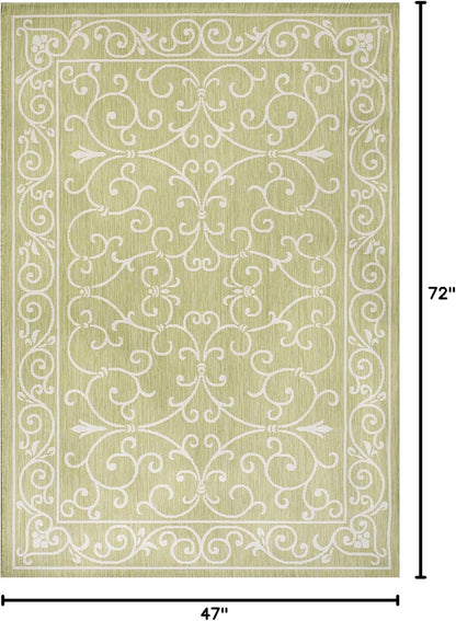 JONATHAN Y SMB106H-4 Charleston Vintage Filigree Textured Weave Indoor Outdoor Area Rug, Coastal,Traditional,Transitional Easy Clean,Bedroom,Kitchen,Backyard,Patio, Non-Shed, Green/Cream, 4 X 6
