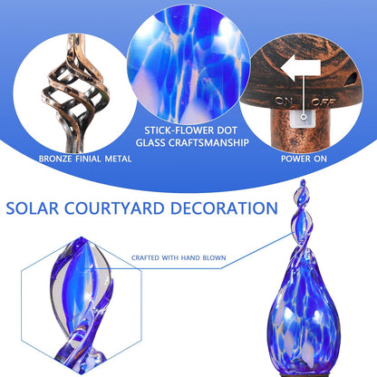 Solar Garden Lights, Decorative LED Flame Garden Stakes, Hand Blown Glass and Outdoor Waterproof Glass Stakes (Dark Blue)