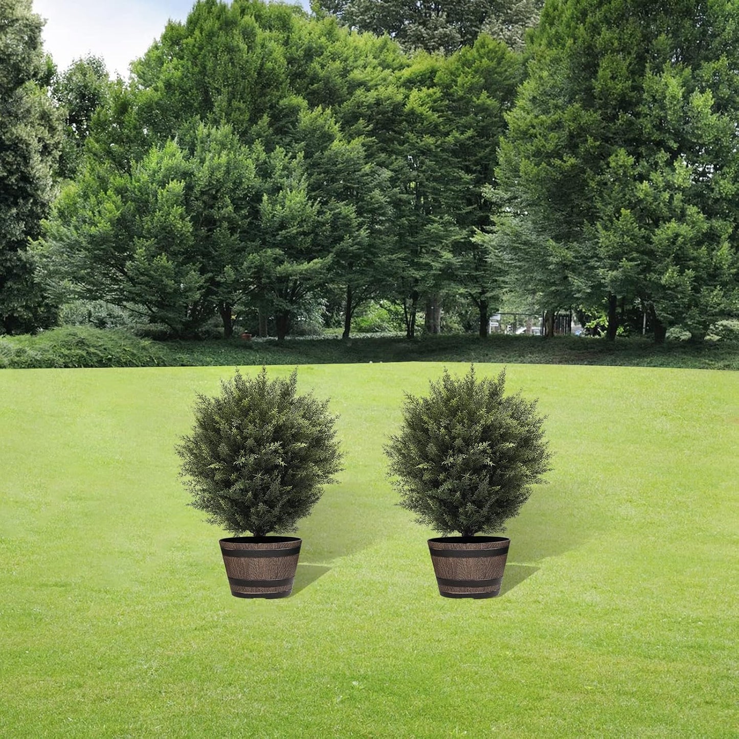 21” Artificial Cedar Outdoor Artificial Shrub Sunlight Resistant Leafy Potted Plant for Indoor Porch of Home and Office Artificial Outdoor Tree 2 Pieces a Set Topiary Trees