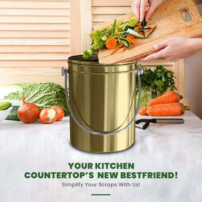 Utopia Kitchen Compost Bin for Kitchen Countertop - 1.3 Gallon Compost Bucket for Kitchen with Lid - Includes 1 Spare Charcoal Filter (Gold)