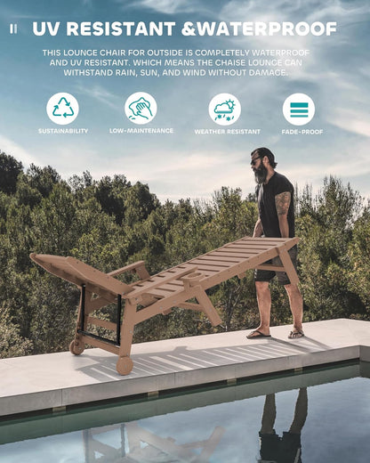 SERWALL Patio Chaise Lounge Chair, 78'' Long HDPE 5 Positions Adjustable Poly Lounge Chair with Rolling Wheels & Cup Holder for Pool, Brown