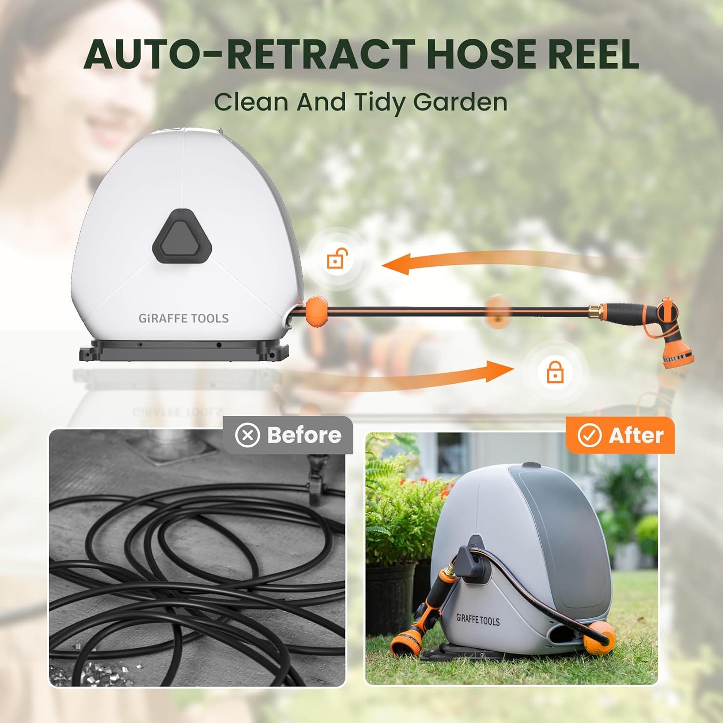 Giraffe Tools Ground Mounted Retractable Hose Reel 1/2 Inch x 130FT, Heavy Duty Automatic Rewind Garden Hose Reel, with Flexible Swivel Base for Lawn, Concrete Floor