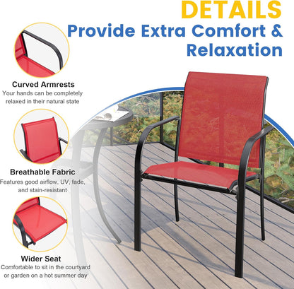 VICLLAX 11 Pieces Patio Dining Set for 10, Outdoor Furniture Set Includes 60" Round Outdoor Table and 10 Lawn Stackable Chairs, Black Tabletop and Red Fabric