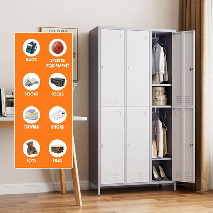 METAN Metal Locker for School Office Gym Bedroom,6 Doors Steel Storage Lockers Cabinet for Employees,Industrial Storage with 1 Shelf,Assembly Required,Gray White