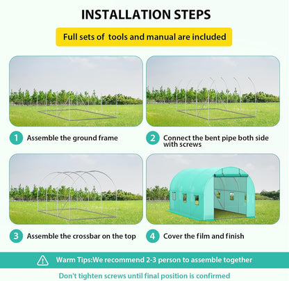 Compact Greenhouse Kit 8'x13'x7' with Galvanized Frame, 140G Green PE Cover, 2 Doors & 6 Windows for Outdoor Gardening