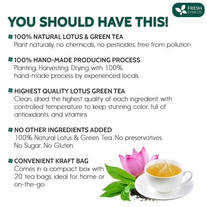 FreshDrinkUS, Premium 20 Tea Bags of Lotus Green Tea, 100% Natural. Exquisite Flavor, Handpicked Leaves, Perfect for Tea Lovers. No Sugar, No Gluten, Vegan.