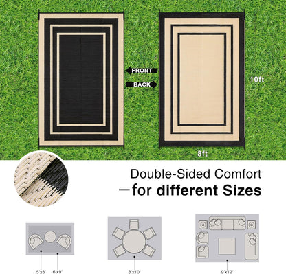 OLANLY Outdoor Rug 8x10 ft Waterproof, Reversible Outdoor Plastic Straw Rug, RV Mat, Indoor Outdoor Carpet Clearance for Patio, Camping, Balcony, Deck, Backyard, Black & Beige