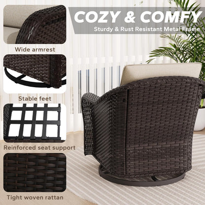 Outdoor Wicker 360 Degree Swivel Glider Rocker Chairs Set, Patio Conversation Furniture Set with Washable Cushions for Garden, Poolside (Beige)