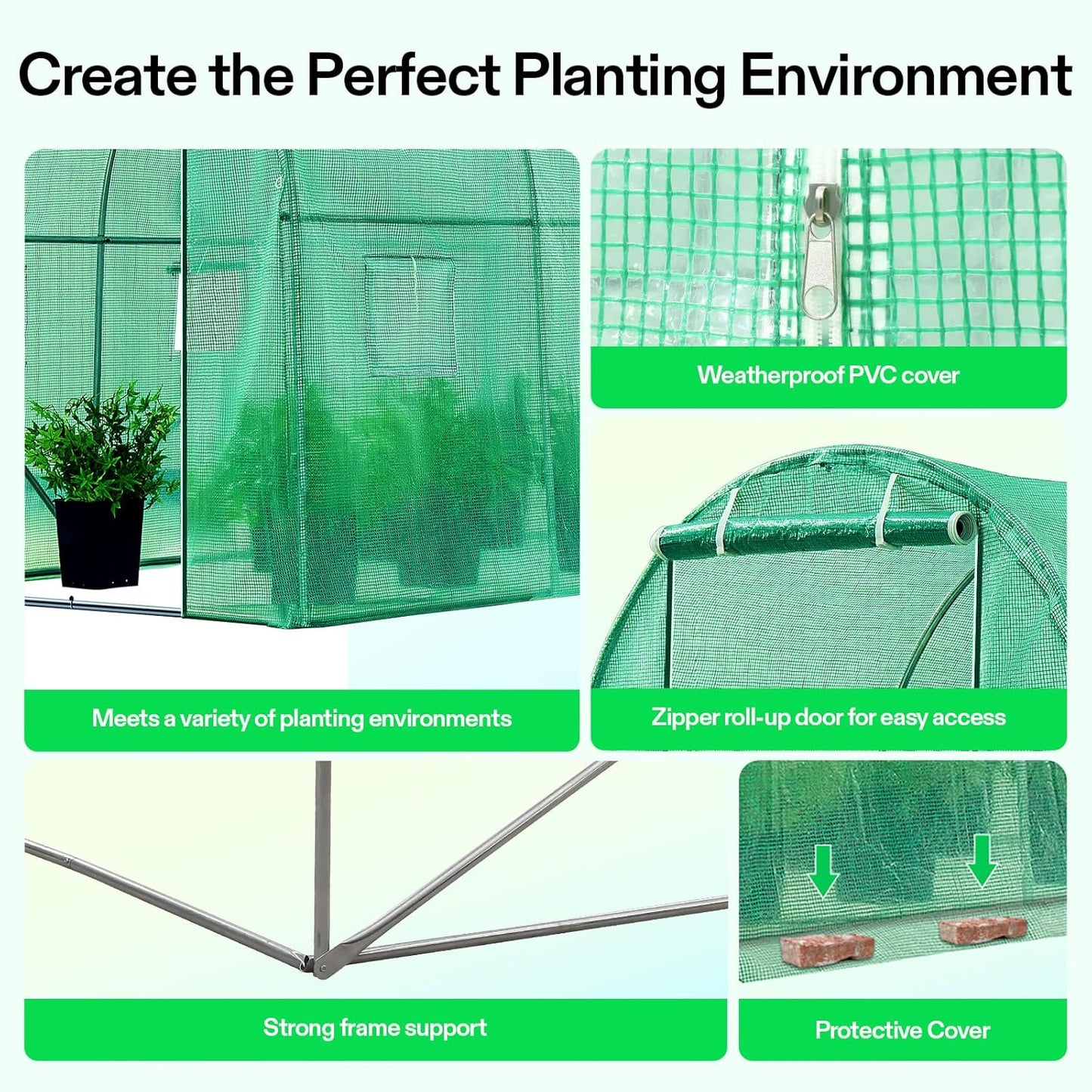 VIVOSUN 10x7x7 Ft. Large Walk in Greenhouse, Greenhouse Tunnel, Garden Plant Hot House with Green PE Cover, Roll-up Zipper Door and Window for Outdoor