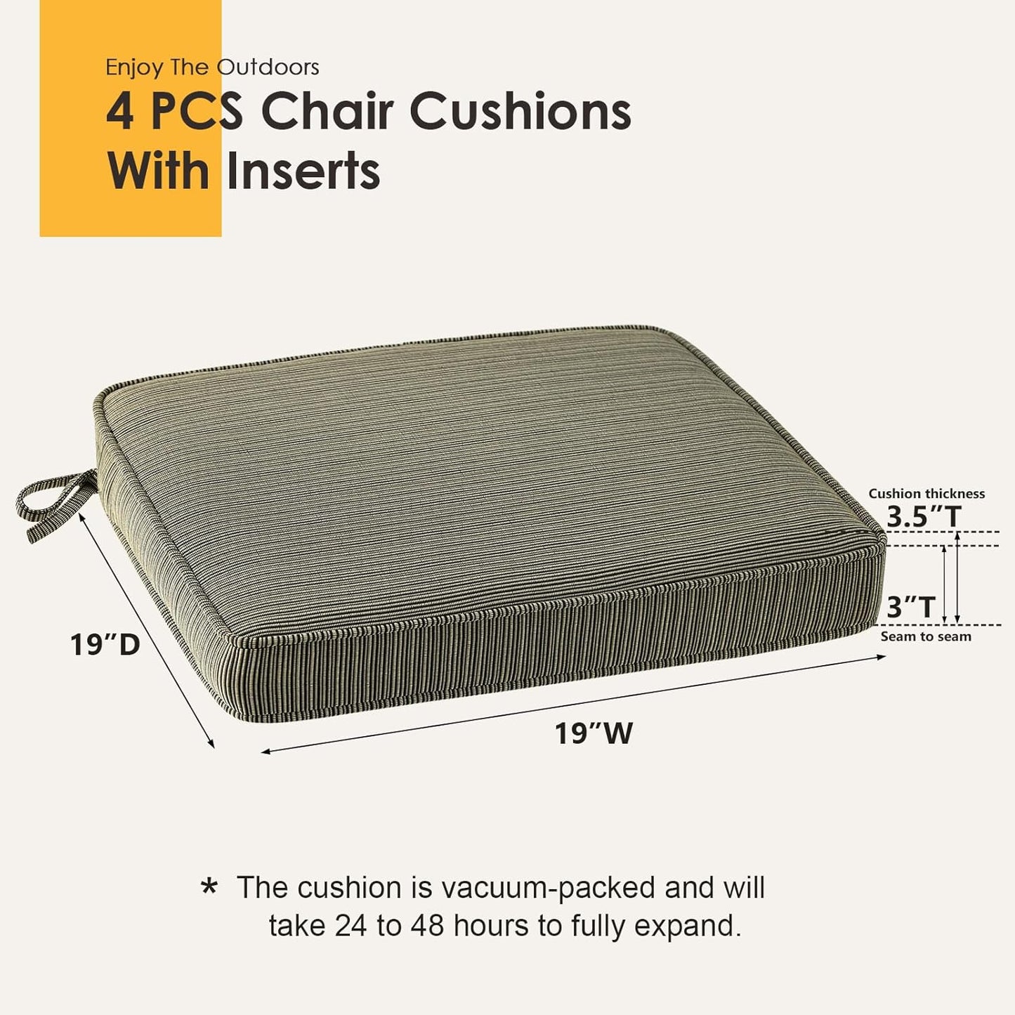 Outdoor Square Corner Seat Cushion, 19"x19"x3", Set of 4, Non Slip Seat Cushion Pads with Removable Cover for Patio Furniture, Garden Yard Lawn, Dark Black Tan Stripe