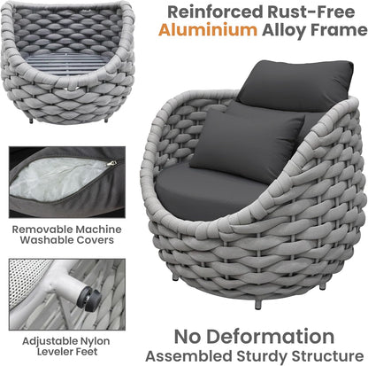 4 Pieces Assembled Patio Conversation Sets, Hand Woven Rope Outdoor Furniture Sofa Set - Aluminum Modern Cushions Couch Armchair Table Set - All Weather for Indoor Deck Porch Backyard Hotel