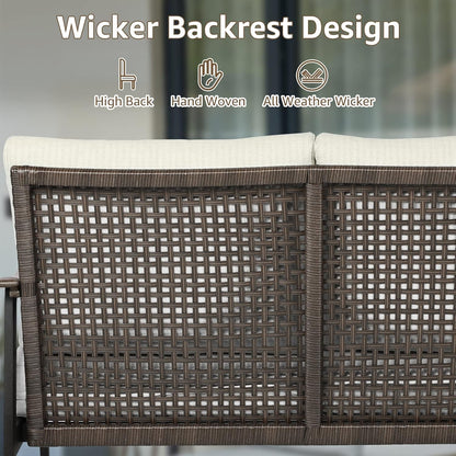 NATURAL EXPRESSIONS Patio Loveseat Sofa Outdoor Furniture Metal Chair with Wicker Backrest & 6 Inches Cushion for Indoor, Front Porch, Deck, Balcony, Backyard, 51.77"(L) x 29.75"(W) x 33.86"(H).