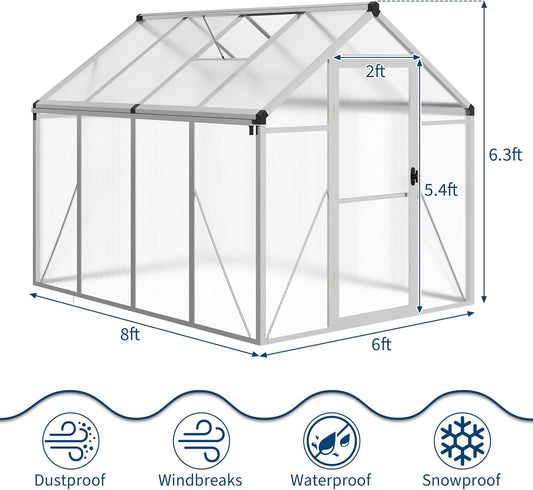 6x8 FT Greenhouse, Easy Assembly Aluminum Polycarbonate Greenhouses for Outdoors with Roof Vent and Ground Nails, Heavy Duty Aluminum Walk-in Greenhouse for Backyard, Sliding Lockable Door, Silver