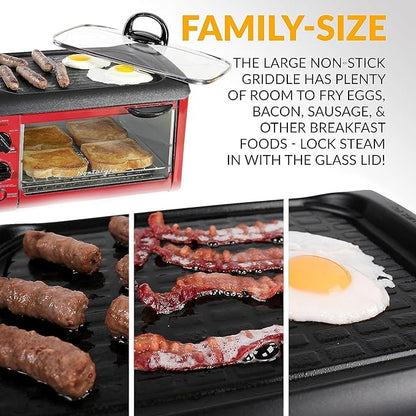 Nostalgia 3-in-1 Breakfast Station - Includes Coffee Maker, Non-Stick Griddle, and 4-Slice Toaster Oven - Versatile Breakfast Maker with Timer - Red