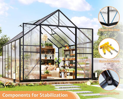 Jocisland 8x10x7 FT Polycarbonate Greenhouses for Outdoors, 2 Top-Opening Windows, 2 Swing Doors, Aluminum Walk-in Heavy Duty for Outdoor Use, Backyard Garden, Black